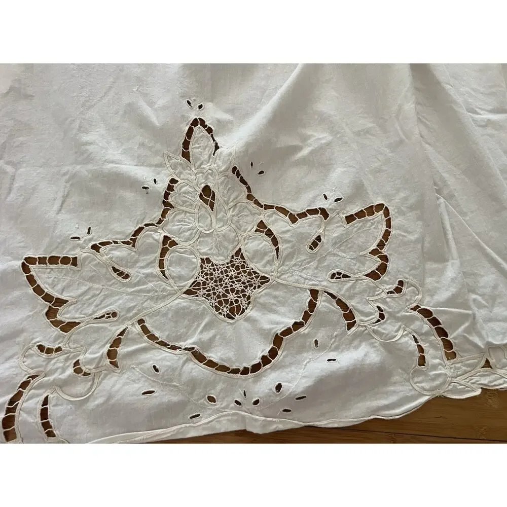 Vintage Cotton Full Beige Flat Sheet Embroidered Floral Crochet French Country